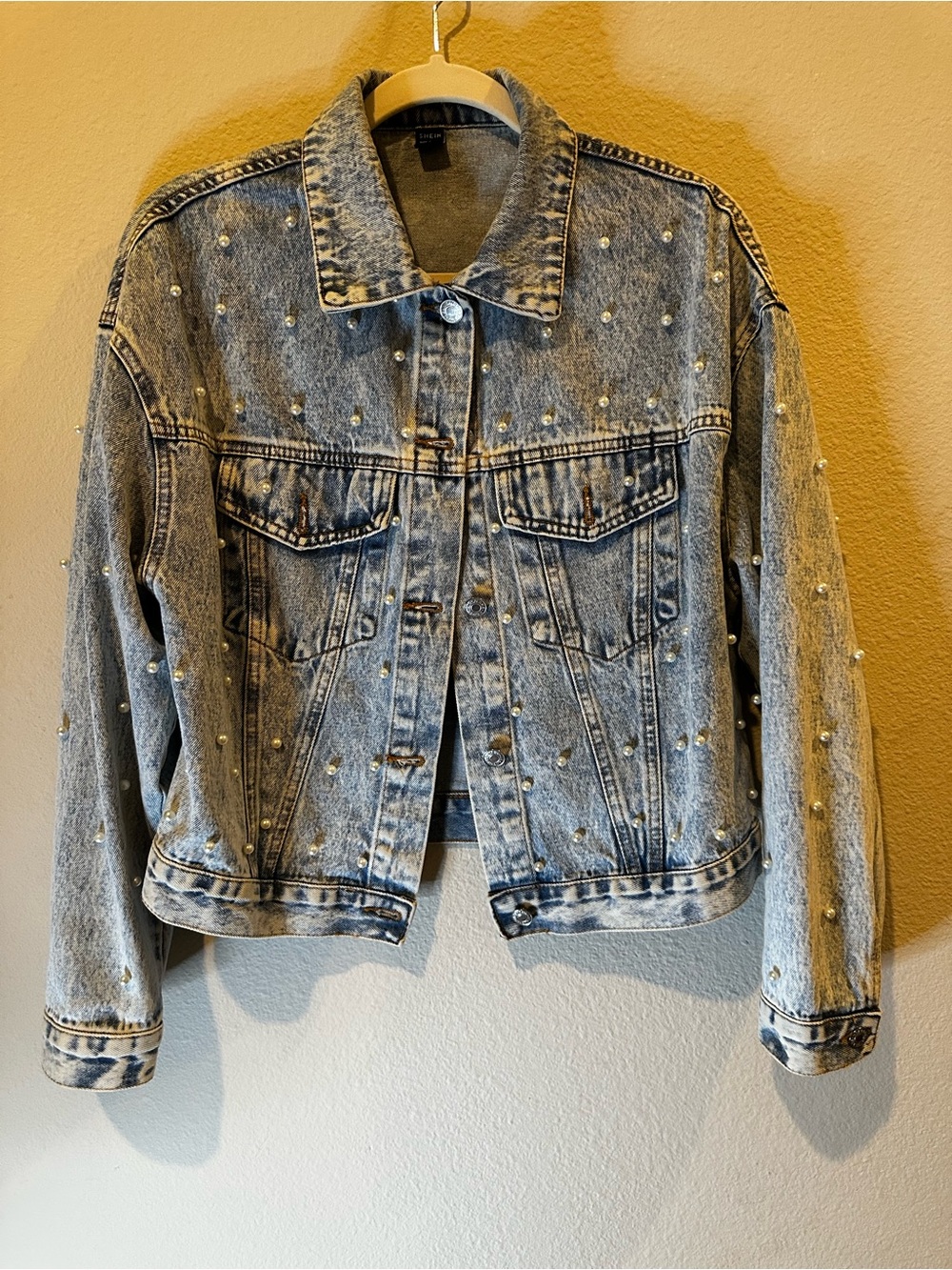 SHEIN Light Blue Pearl-Embellished Denim Jacket